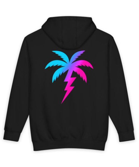 Black heavyweight hoodie, Electric Palm mark across the back