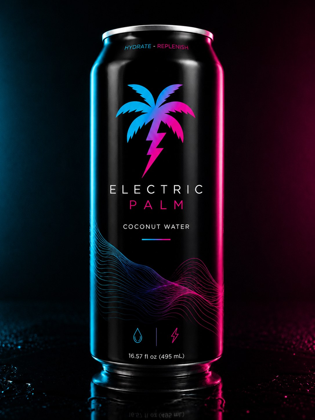 Electric Palm coconut water — glossy black 16oz can with neon cyan-to-pink palm and lightning bolt logo, lit by cyan and magenta studio light